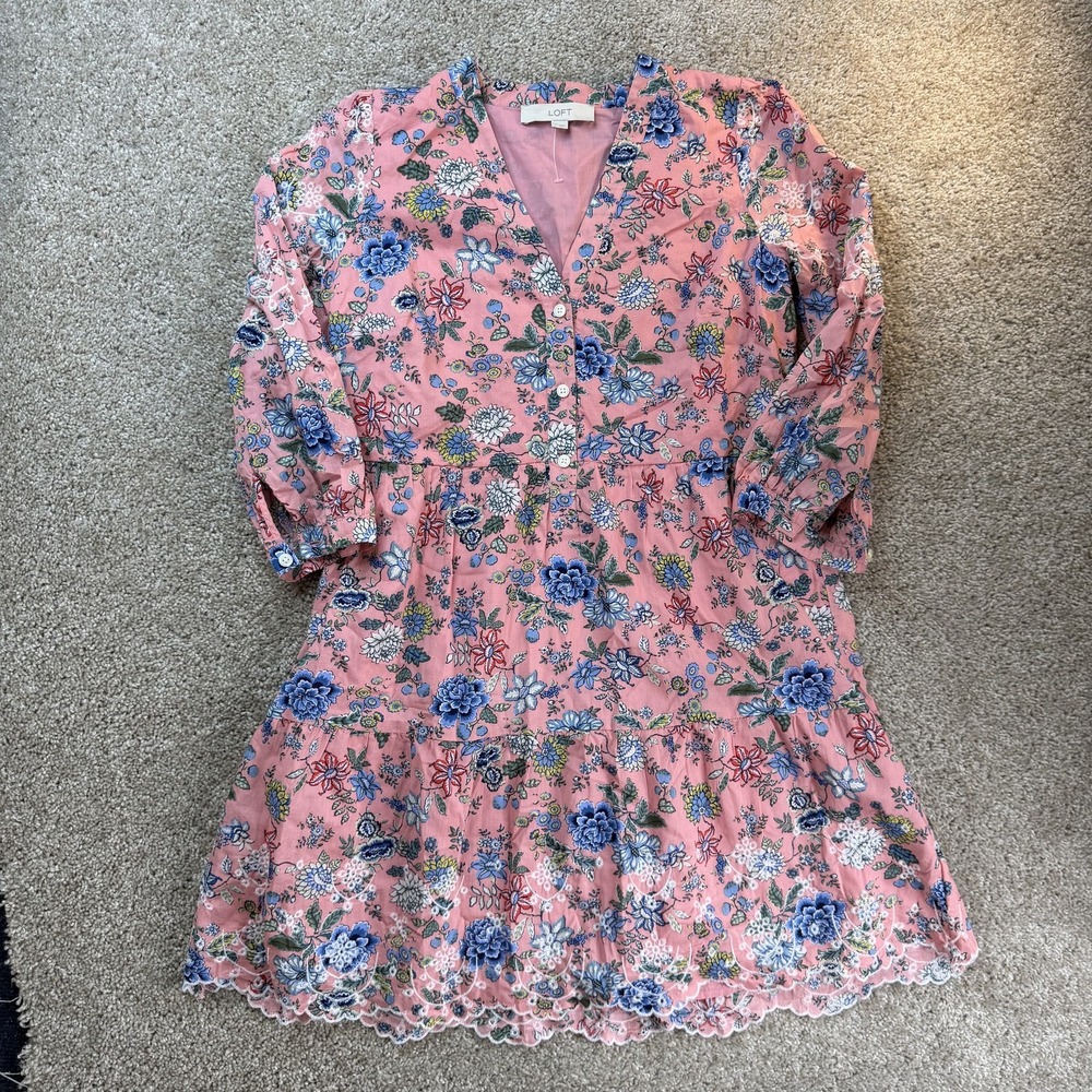 LOFT Dress Womens 2 Pink Floral 3/4 Sleeve V-Neck Ruffle Fit & Flare Mini